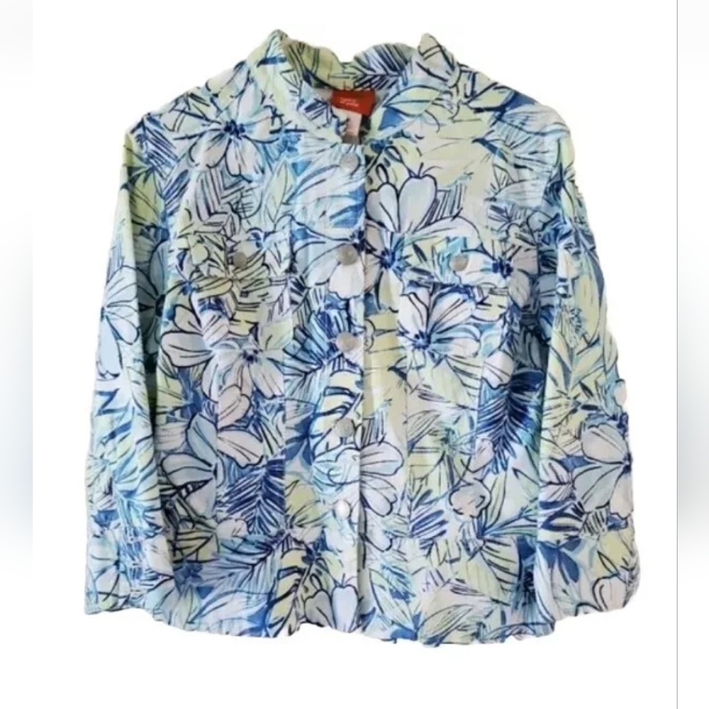 Vintage Hearts of Palm Size Large Jacket Long Sleeve Blue White Floral Tropical